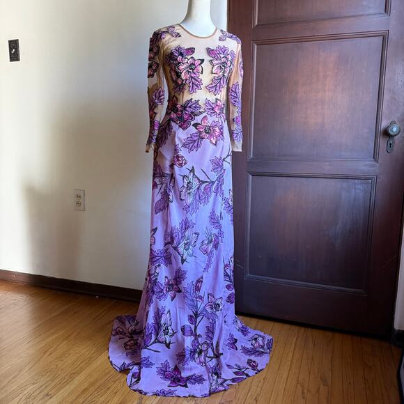 FOR LOVE AND LEMONS | Sierra Maxi Dress Silk Gown Floral Illusion Purple Small - Picture 2 of 7